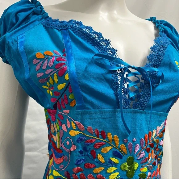 Vintage Peasant Embroidered Blue Cotton Casual Day Festival Boho Dress Small